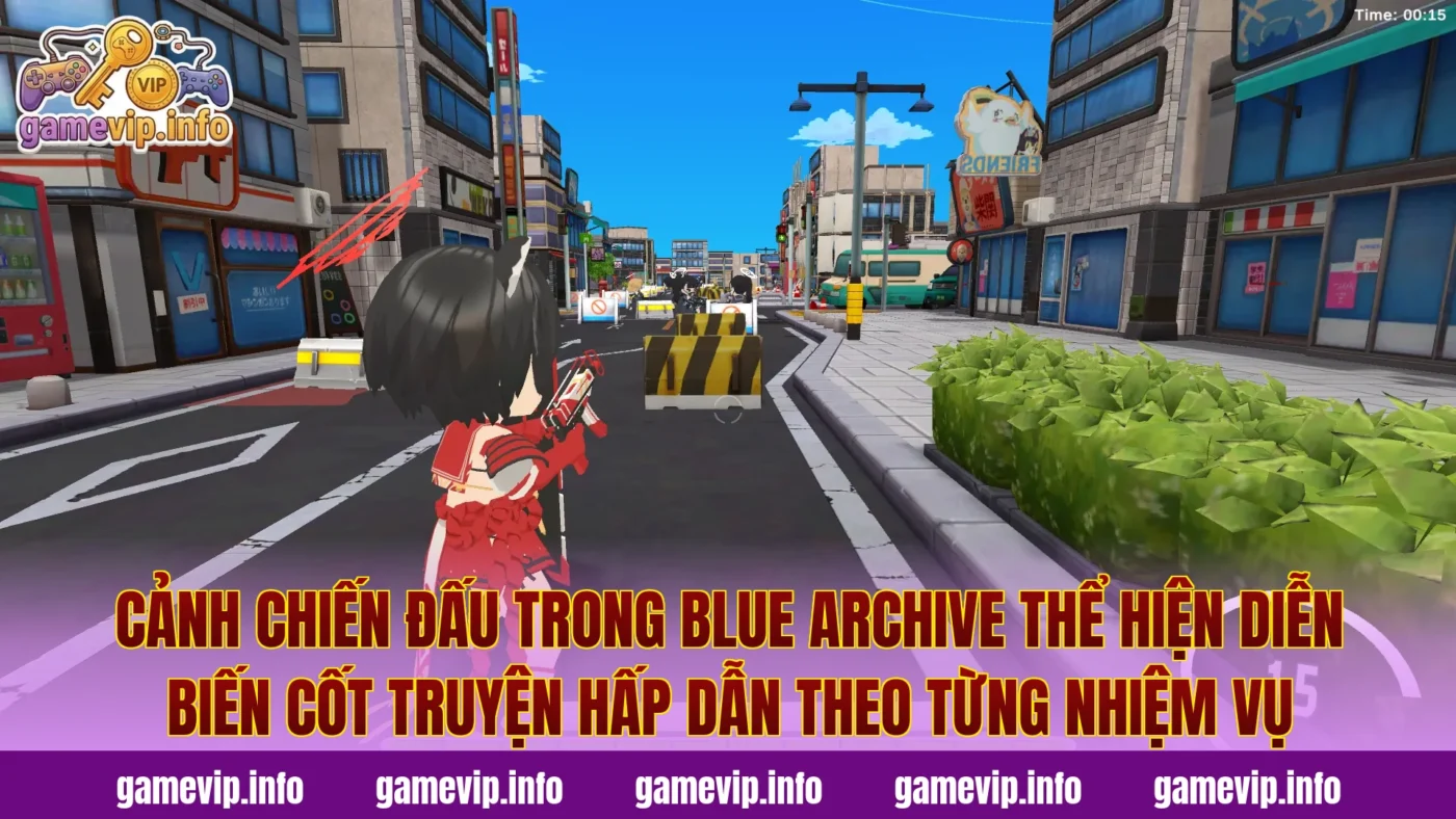 Cảnh chiến đấu trong Blue Archive thể hiện diễn biến cốt truyện hấp dẫn theo từng nhiệm vụ