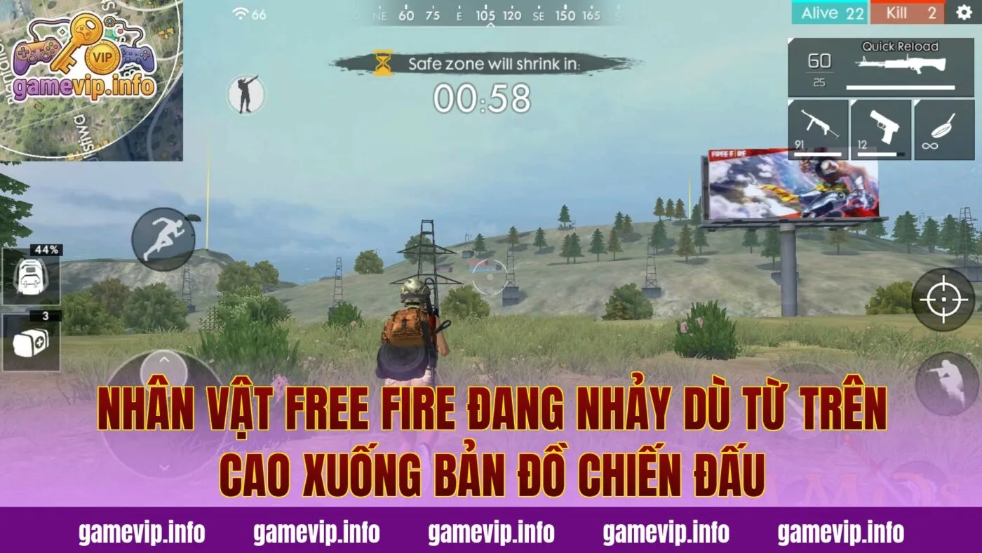 Nhân vật Free Fire đang nhảy dù từ trên cao xuống bản đồ chiến đấu