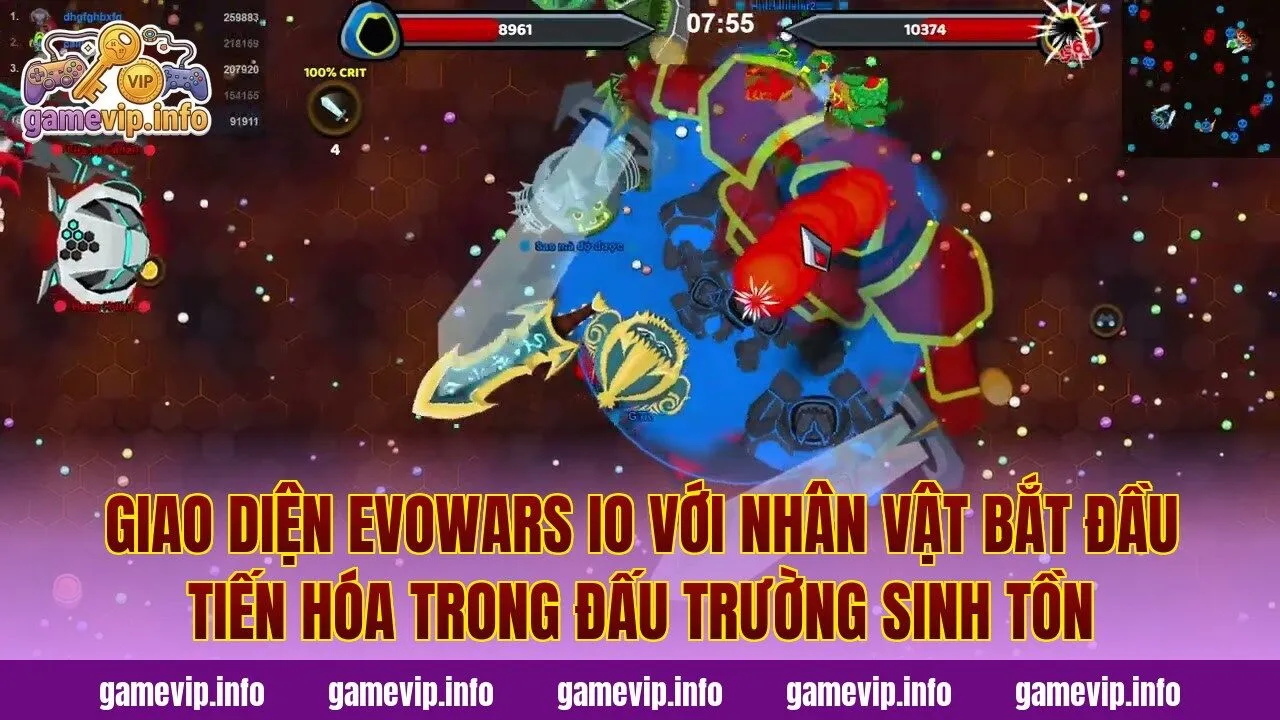 Giao diện Evowars io với nhân vật bắt đầu tiến hóa trong đấu trường sinh tồn