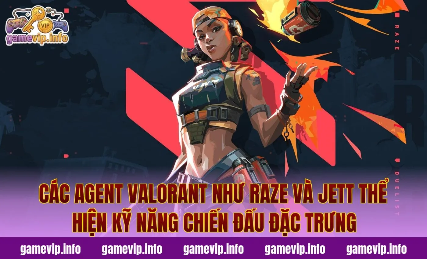 Các agent Valorant như Raze và Jett thể hiện kỹ năng chiến đấu đặc trưng